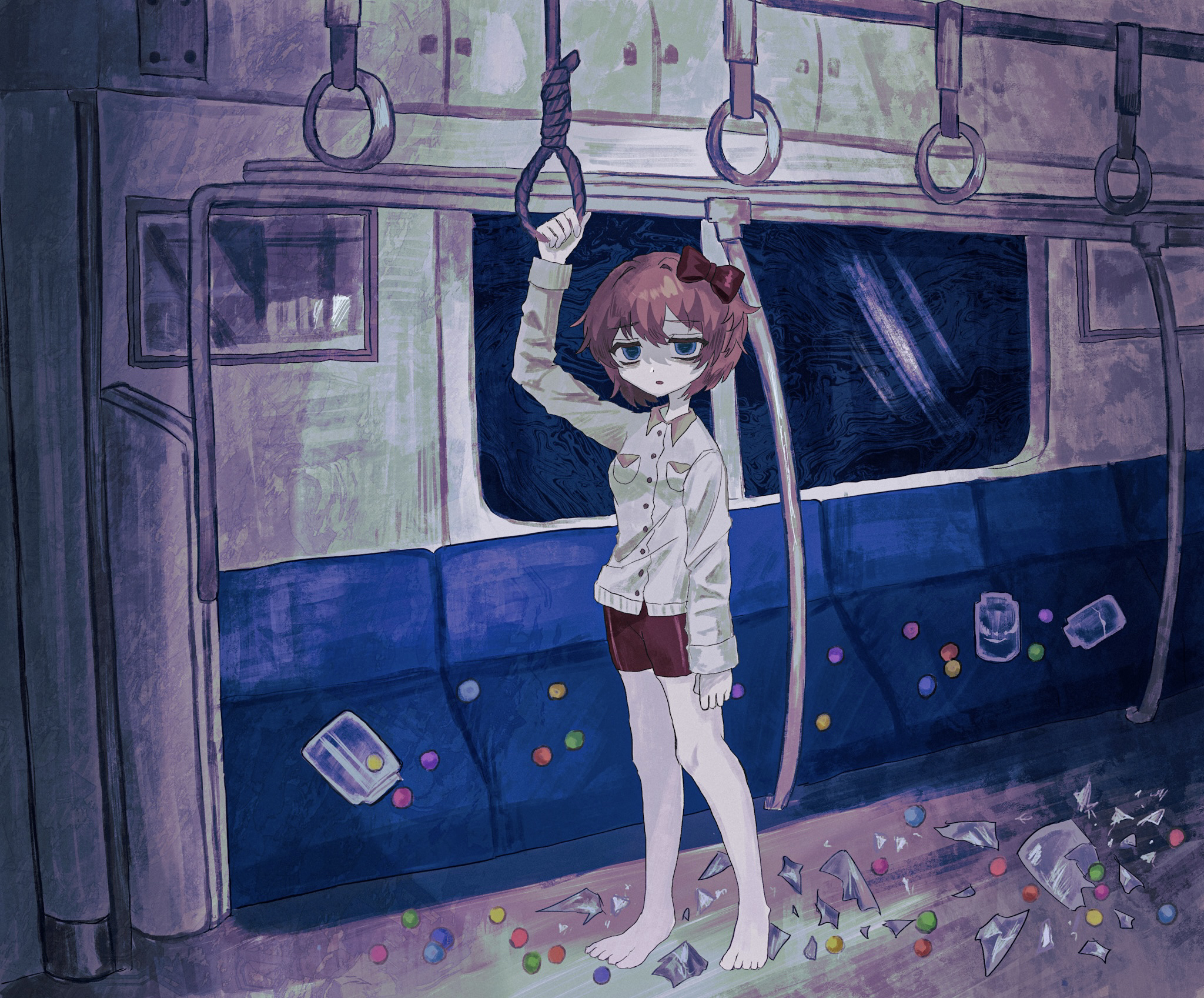 sayori (doki doki literature club), doki doki literature club, commentary request, highres, spoilers, 1girl, arm up, barefoot, blue eyes, bow, breast pocket, broken glass, collared shirt, depressed, eyelashes, full body, glass, hair bow, jar, long sleeves, noose, official alternate costume, open mouth, pink hair, pocket, red bow, red shorts, rittokuyudukisana, rope, shirt, short hair, shorts, solo, standing, train interior, white shirt