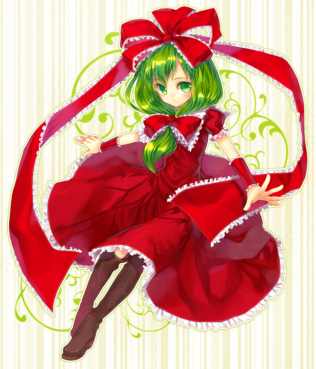 renta, renta (deja-vu), kagiyama hina, touhou, bad id, bad pixiv id, highres, 1girl, female focus, front ponytail, green eyes, green hair, hair ribbon, matching hair/eyes, ribbon, short hair, solo