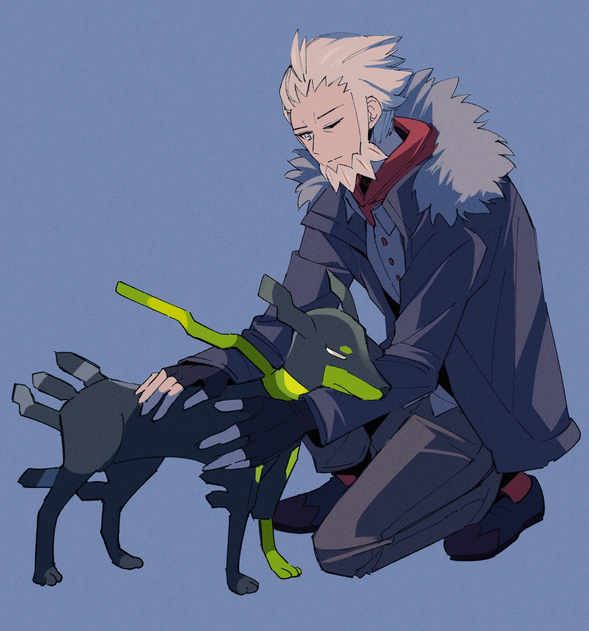 ra (labz0507), lysandre (pokemon), zygarde, nintendo, pokemon, pokemon legends: z-a, highres, 1boy, beard, black gloves, black jacket, black pants, black shoes, blue background, facial hair, fingerless gloves, fur-trimmed jacket, fur trim, gen 6 pokemon, gloves, grey eyes, grey hair, jacket, legendary pokemon, long sleeves, male focus, on one knee, one eye closed, pants, petting, pokemon (creature), shoes, simple background, zygarde (10)