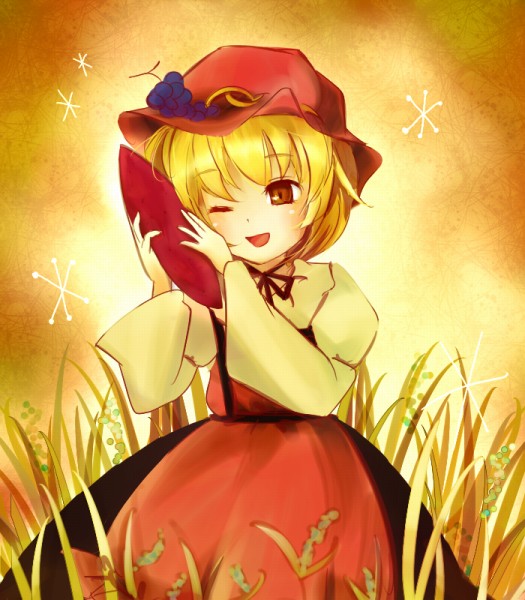 tona, tona (nekotte), aki minoriko, touhou, 1girl, female focus, food, hat, one eye closed, solo, sweet potato, wink