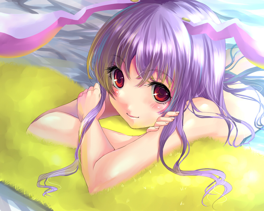 kobanzame, reisen udongein inaba, touhou, light purple hair, bad id, bad pixiv id, 1girl, animal ears, blush, close-up, crossed arms, eyelashes, female focus, fingernails, flotation aid, long hair, nude, purple hair, rabbit ears, red eyes, smile, solo, water