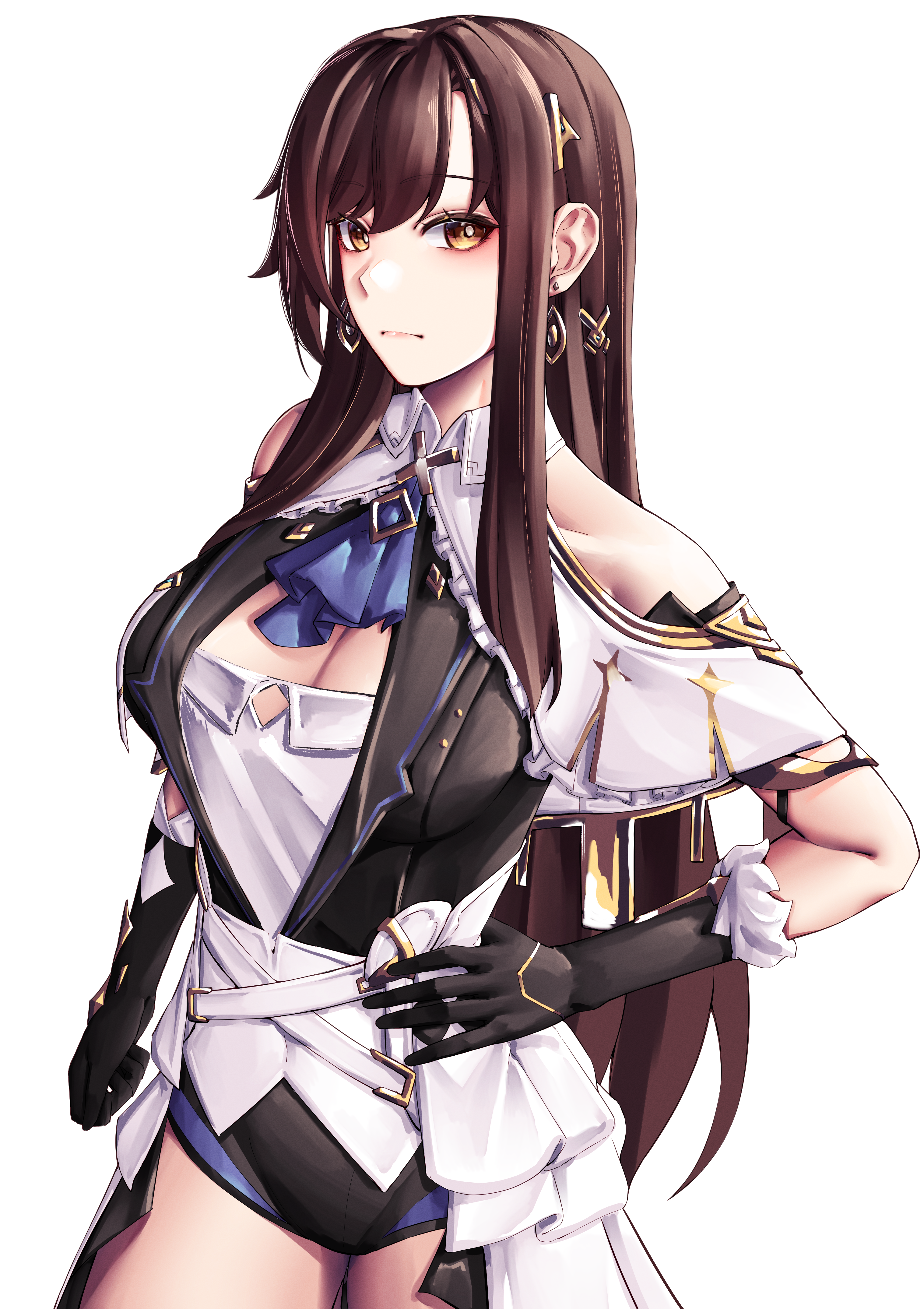 pyeong il, eden (honkai impact), honkai (series), honkai impact 3rd, absurdres, commentary request, highres, korean commentary, 1girl, bare shoulders, black gloves, black leotard, breasts, brown hair, cleavage cutout, clothing cutout, earrings, gloves, hand on own hip, jewelry, large breasts, leotard, long hair, looking at viewer, shirt, simple background, solo, very long hair, white background, white shirt, yellow eyes