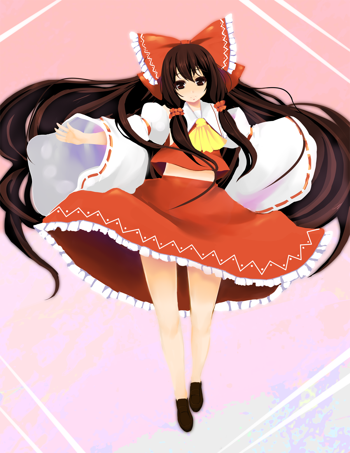 kaneru, hakurei reimu, touhou, bad id, bad pixiv id, highres, 1girl, bow, brown hair, detached sleeves, female focus, full body, gradient background, japanese clothes, long hair, miko, red eyes, skirt, solo