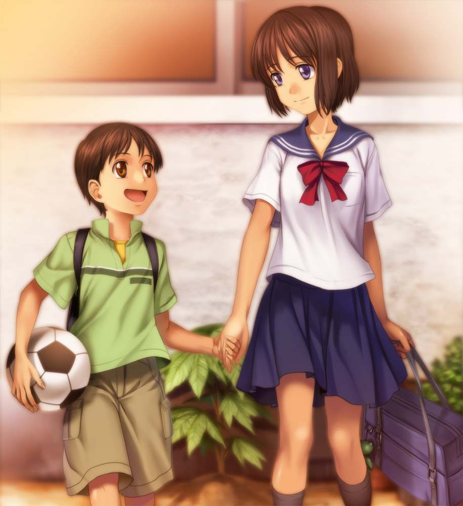 mutsuki (moonknives), onozawa mirai, onozawa yuuki, bones (company), kinema citrus, tokyo magnitude 8.0, bad id, bad pixiv id, 00s, 1boy, 1girl, age difference, bag, ball, blouse, blue eyes, bow, brother and sister, brown eyes, brown hair, green shirt, holding, holding bag, holding hands, kneehighs, open mouth, outdoors, school uniform, serafuku, shirt, short hair, shorts, siblings, skirt, smile, soccer ball, socks, teenage girl and younger boy, walking, white shirt