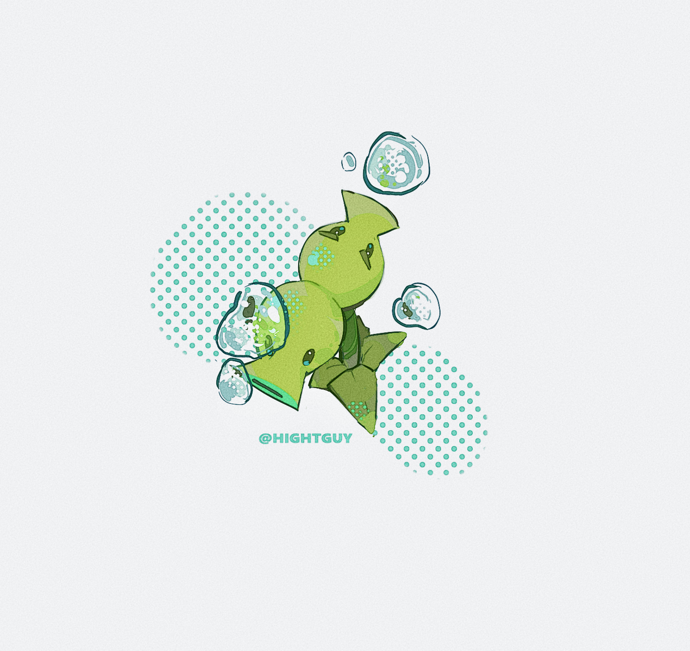 hightguy, plants vs. zombies, commentary, highres, symbol-only commentary, artist name, blue eyes, bubble, film grain, from above, halftone, halftone background, leaf, no humans, plant, simple background, solid oval eyes, solo, split pea (plants vs. zombies), water drop, white background