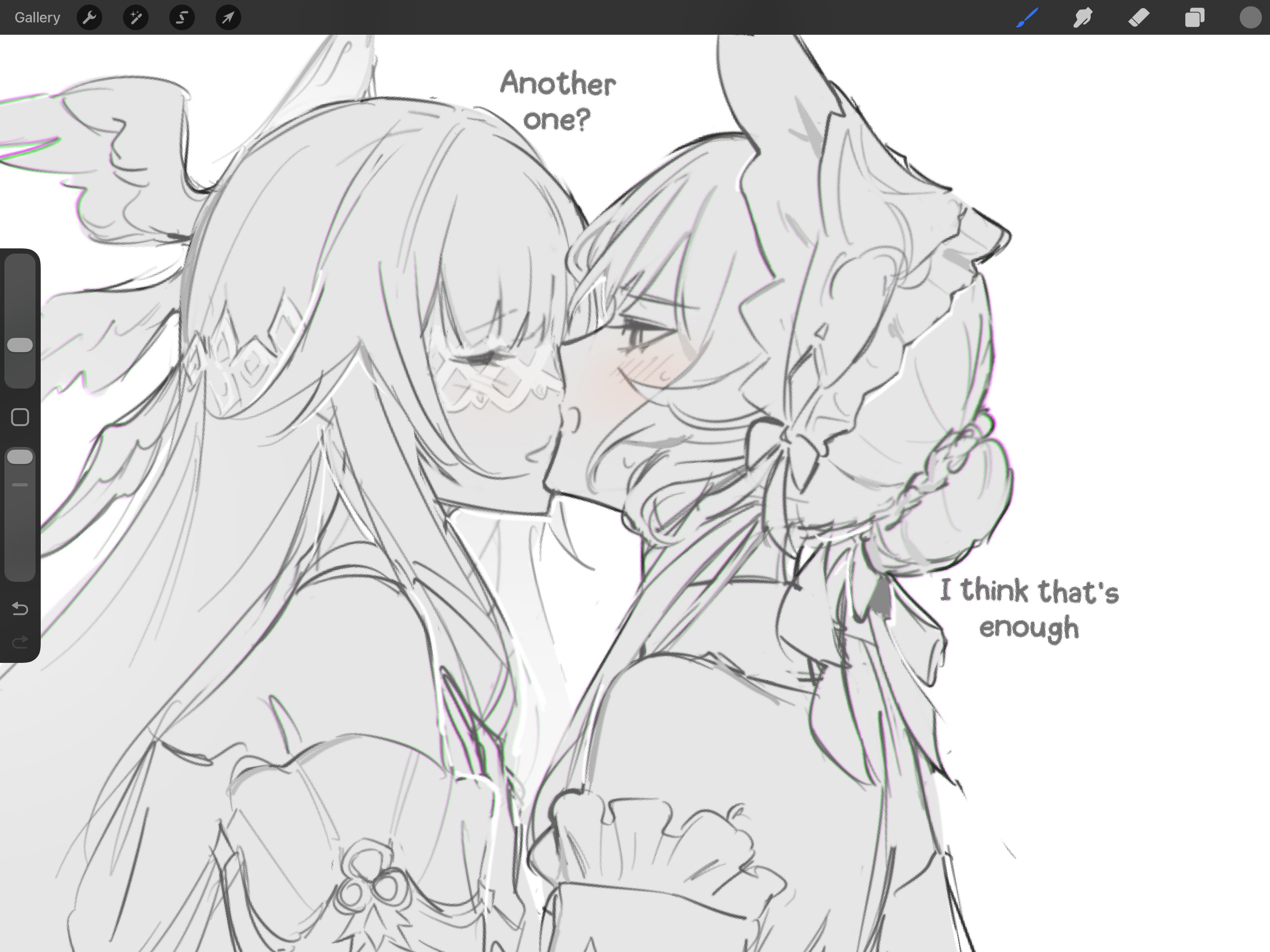 1nuyaki, columbina (genshin impact), sandrone (genshin impact), genshin impact, commentary, highres, 2girls, art program in frame, bare shoulders, blush, chromatic aberration, closed eyes, dress, english text, greyscale, headdress, long hair, monochrome, multiple girls, off-shoulder dress, off shoulder, open mouth, sweat, yuri