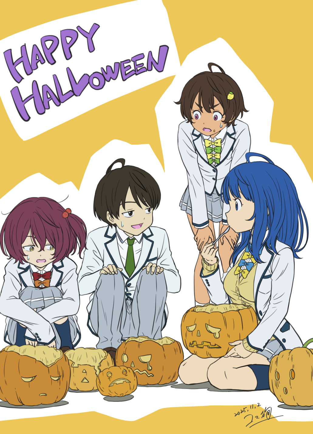 koma inu (komainu mainu), komari chika, nukumizu kazuhiko, yakishio lemon, yanami anna, make heroine ga oo sugiru!, highres, black hair, blazer, blue hair, bow, bowtie, brown hair, cardigan, green bow, green bowtie, green necktie, halloween, holding, holding pumpkin, holding spoon, jack-o'-lantern, jacket, necktie, orange bow, orange bowtie, pumpkin, red bow, red bowtie, red hair, school uniform, spoon, tsuwabuki high school uniform, yellow background, yellow bow, yellow bowtie, yellow cardigan