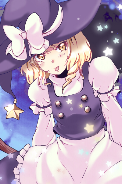 yuko (artist), yuuyuu (yuko), kirisame marisa, touhou, bad id, bad pixiv id, 1girl, apron, blonde hair, blush, broom, dress, female focus, hat, ribbon, short hair, solo, star (symbol), tongue, witch, witch hat, yellow eyes