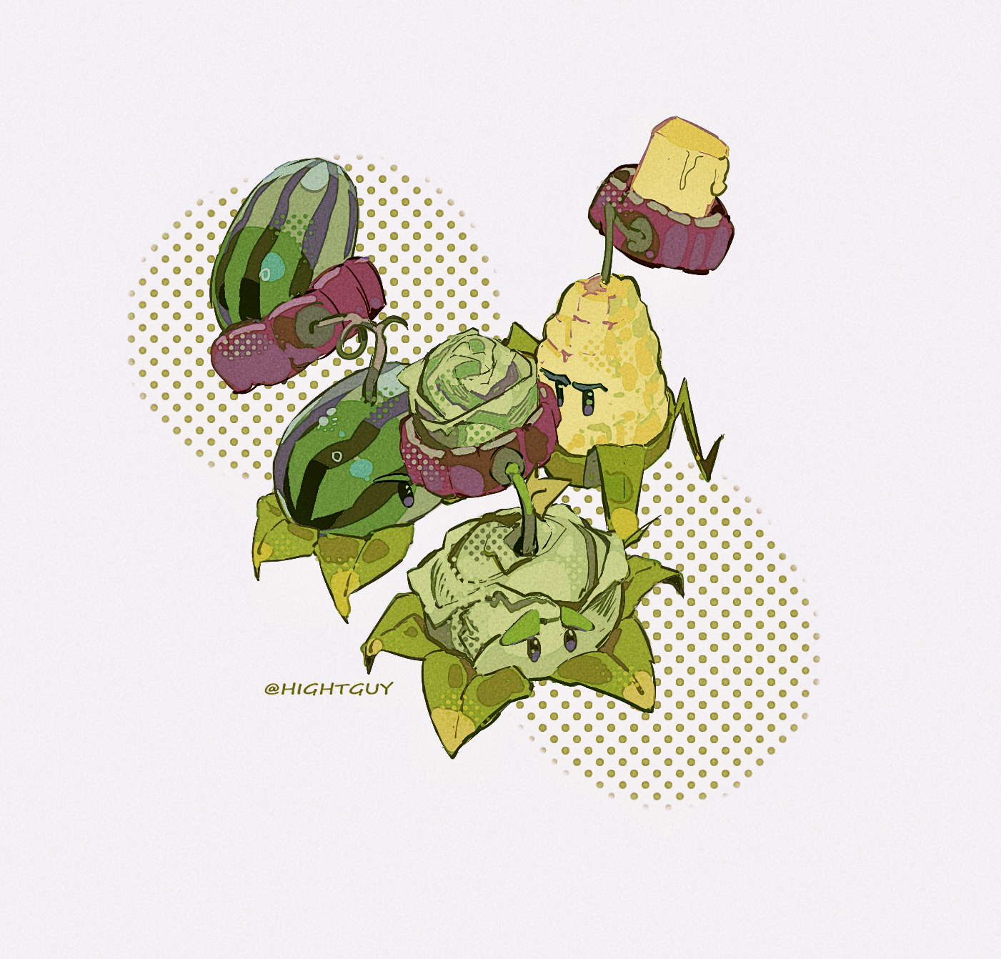 hightguy, cabbage-pult (plants vs. zombies), kernel-pult (plants vs. zombies), melon-pult (plants vs. zombies), plants vs. zombies, commentary, highres, symbol-only commentary, artist name, black eyes, brothers, butter, cabbage, film grain, food, fruit, grey background, halftone, halftone background, leaf, looking at another, looking at viewer, no humans, no mouth, plant, siblings, simple background, solid oval eyes, watermelon