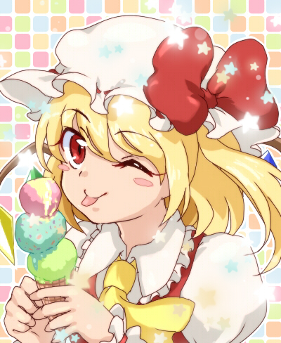 yuko (artist), yuuyuu (yuko), flandre scarlet, touhou, bad id, bad pixiv id, lowres, 1girl, :p, female focus, food, hat, ice cream, one eye closed, ribbon, solo, tongue, tongue out, wink