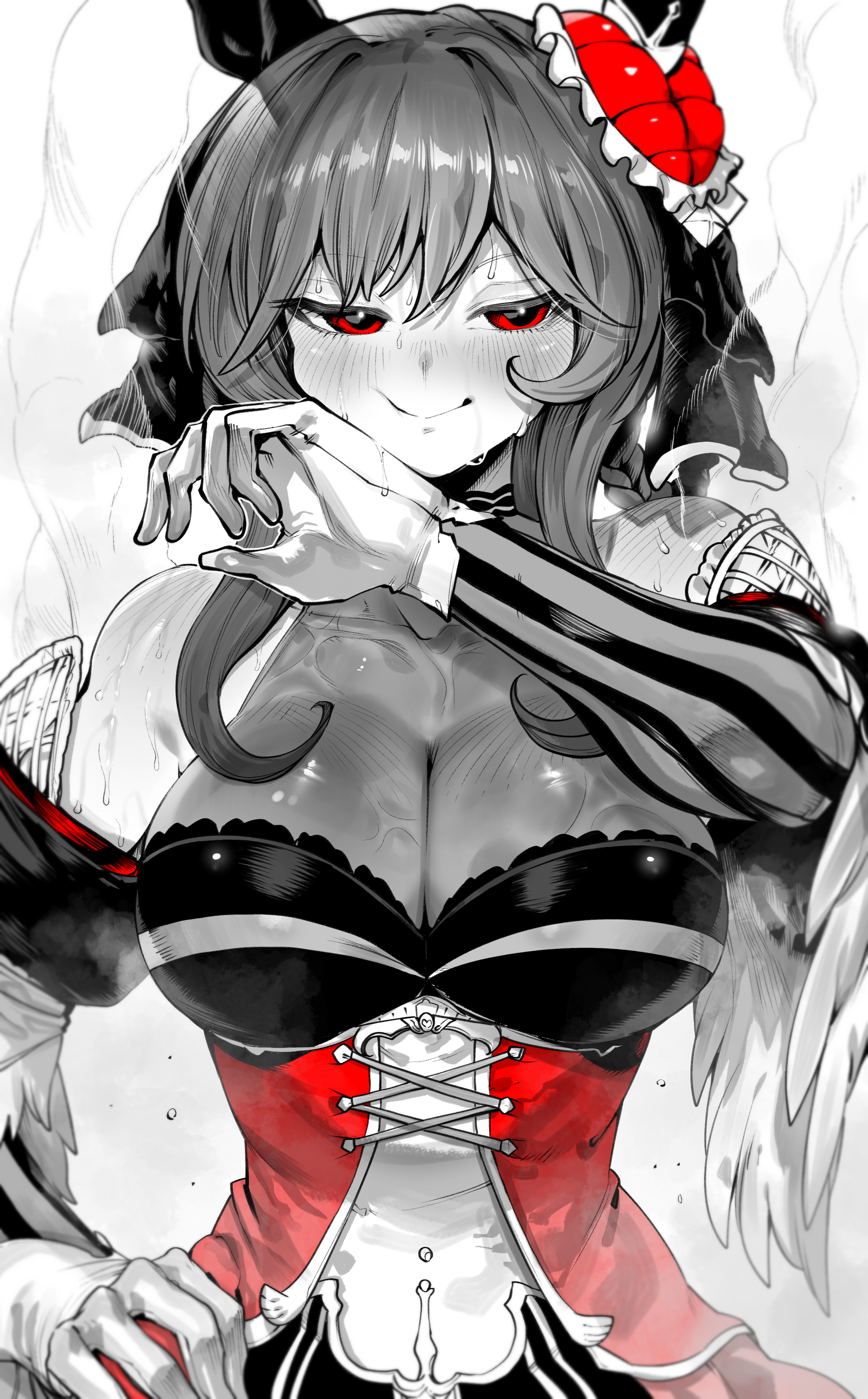 niwarhythm, gentildonna (regina dei fiori) (umamusume), gentildonna (umamusume), umamusume, absurdres, commentary request, highres, 1girl, bare shoulders, blush, braid, braided hair rings, breasts, corset, dress, ear covers, ear ornament, gloves, hair rings, hand on own hip, large breasts, limited palette, long sleeves, looking at viewer, medium hair, red eyes, see-through cleavage, see-through clothes, sidelocks, simple background, smile, solo, sweat, upper body, white background, white gloves, wiping sweat