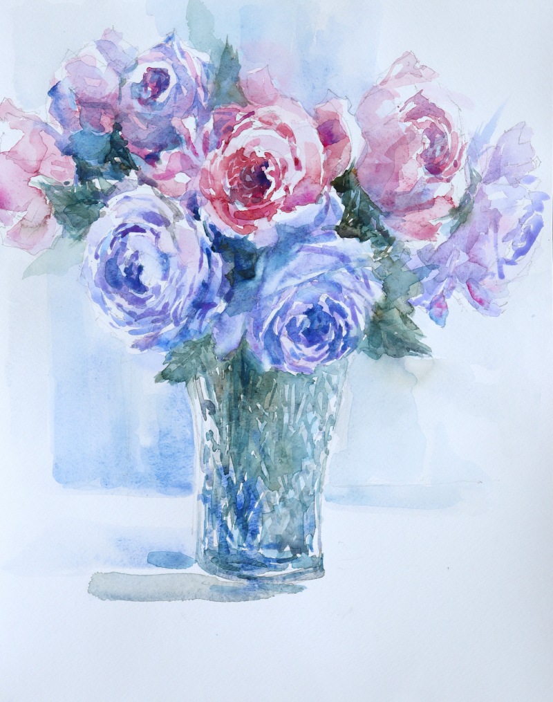 annoniwa, original, commentary request, painting (medium), traditional media, watercolor (medium), blue flower, blue rose, flower, flower focus, no humans, pink flower, pink rose, purple flower, purple rose, rose, vase, white background