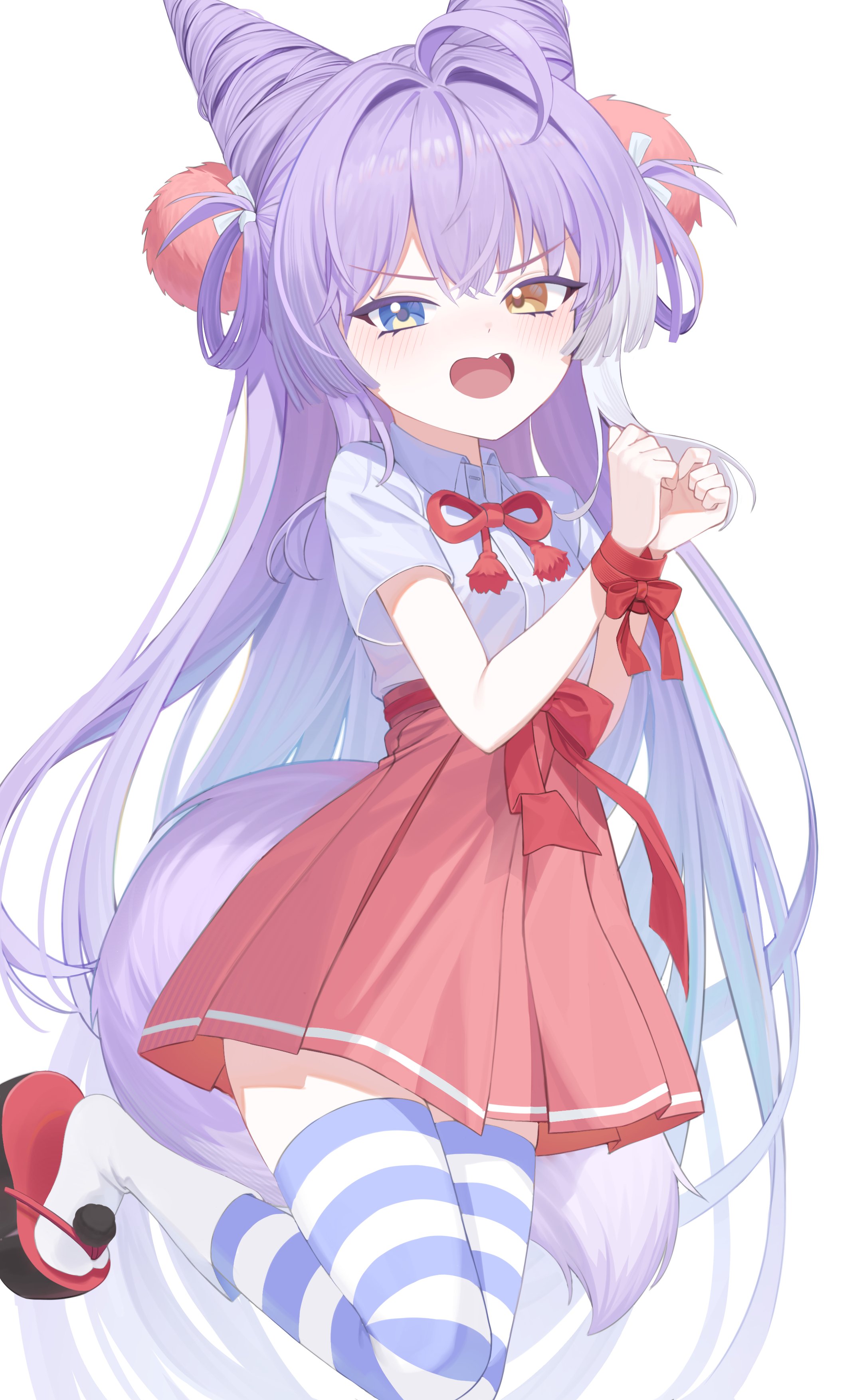 tenko shibuki, stellive, absurdres, commentary request, highres, korean commentary, 1girl, blue eyes, bound, bound wrists, bow, bowtie, collared shirt, cone hair bun, double bun, fang, foot out of frame, hair bun, hair intakes, hair ornament, hair rings, hakama, hakama skirt, hands up, heterochromia, huhe 01, japanese clothes, leg up, long hair, looking at viewer, multicolored hair, okobo, open mouth, orange eyes, platform sandals, pom pom (clothes), pom pom hair ornament, purple hair, red bow, red bowtie, red ribbon, red skirt, ribbon, sandals, shirt, short hair, short sleeves, simple background, skirt, solo, streaked hair, striped clothes, striped thighhighs, tabi, thighhighs, v-shaped eyebrows, very long hair, virtual youtuber, white background, white shirt, wing collar