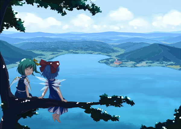 tsuyuki, tsuyuki (yukitgraph), cirno, daiyousei, embodiment of scarlet devil, touhou, 2girls, ^ ^, barefoot, closed eyes, cloud, day, lake, landscape, letterboxed, multiple girls, sitting, sky, smile