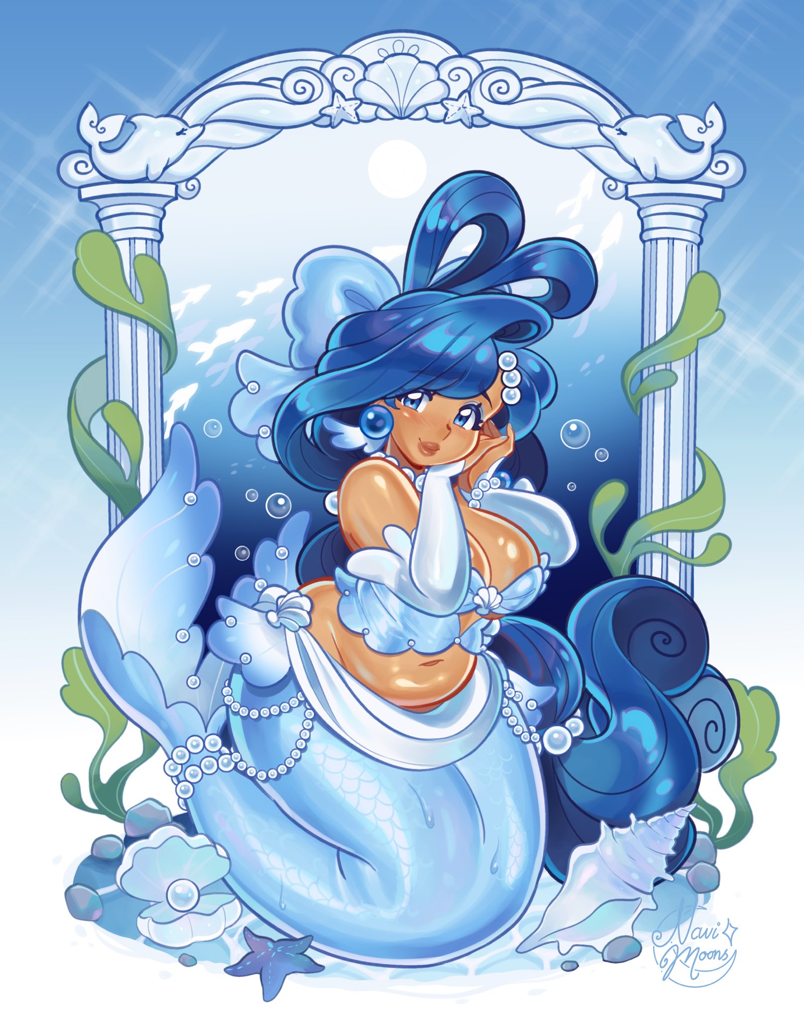 constellor, original, commentary, english commentary, highres, 1girl, air bubble, arch, bikini, blue eyes, blue eyeshadow, blue hair, blue ribbon, blue tail, bracelet, breasts, bridal gauntlets, bubble, clam, cleavage, column, conch, curvy, dione (constellor), earrings, eyeshadow, fins, gem, jewelry, large breasts, long hair, looking at viewer, makeup, mermaid, monster girl, navel, necklace, pearl (gemstone), pearl bracelet, pearl earrings, pearl necklace, pearl ring, pillar, plump, raised eyebrows, ribbon, scales, seashell, seaweed, shell, shell bikini, solo, starfish, statue, swimsuit, tail, tail ornament, tail ring, thick lineart, underwater, username, watermark, wide hips