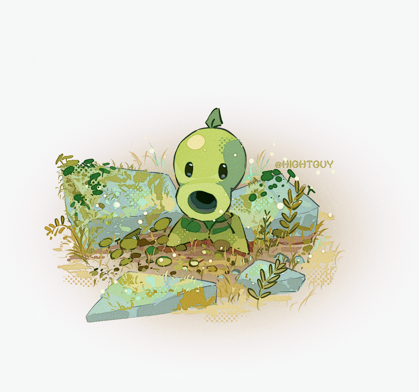 hightguy, peashooter (plants vs. zombies), plants vs. zombies, commentary, highres, symbol-only commentary, artist name, black eyes, dirt, film grain, foliage, grey background, halftone, halftone background, leaf, looking at viewer, no humans, plant, rock, simple background, solid oval eyes, solo