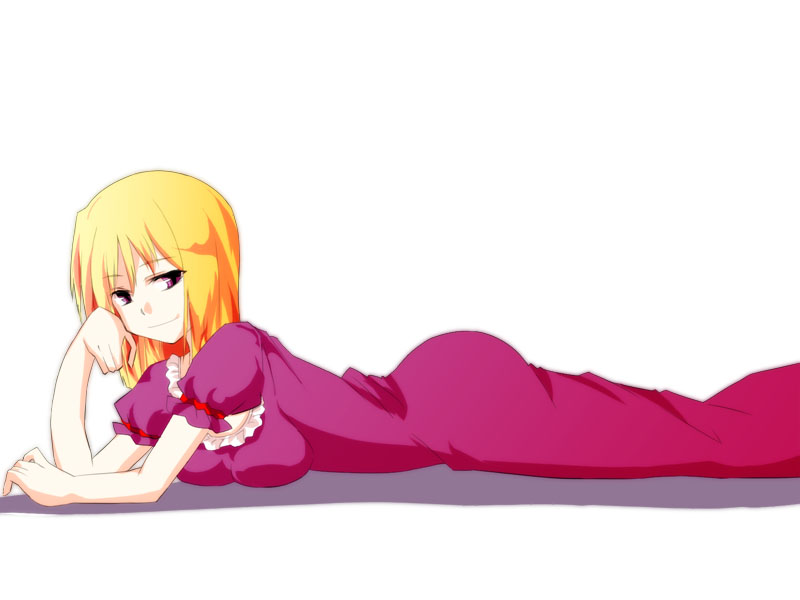 kuze, yakumo yukari, touhou, 1girl, alternate hairstyle, ass, breasts, dress, female focus, lying, on stomach, short hair, simple background, solo, white background