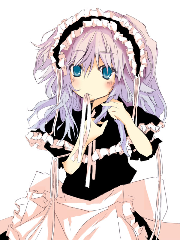 matsushita yuu, izayoi sakuya, touhou, silver hair, 1girl, alternate costume, blue eyes, female focus, hairband, maid, ribbon, simple background, solo, white background