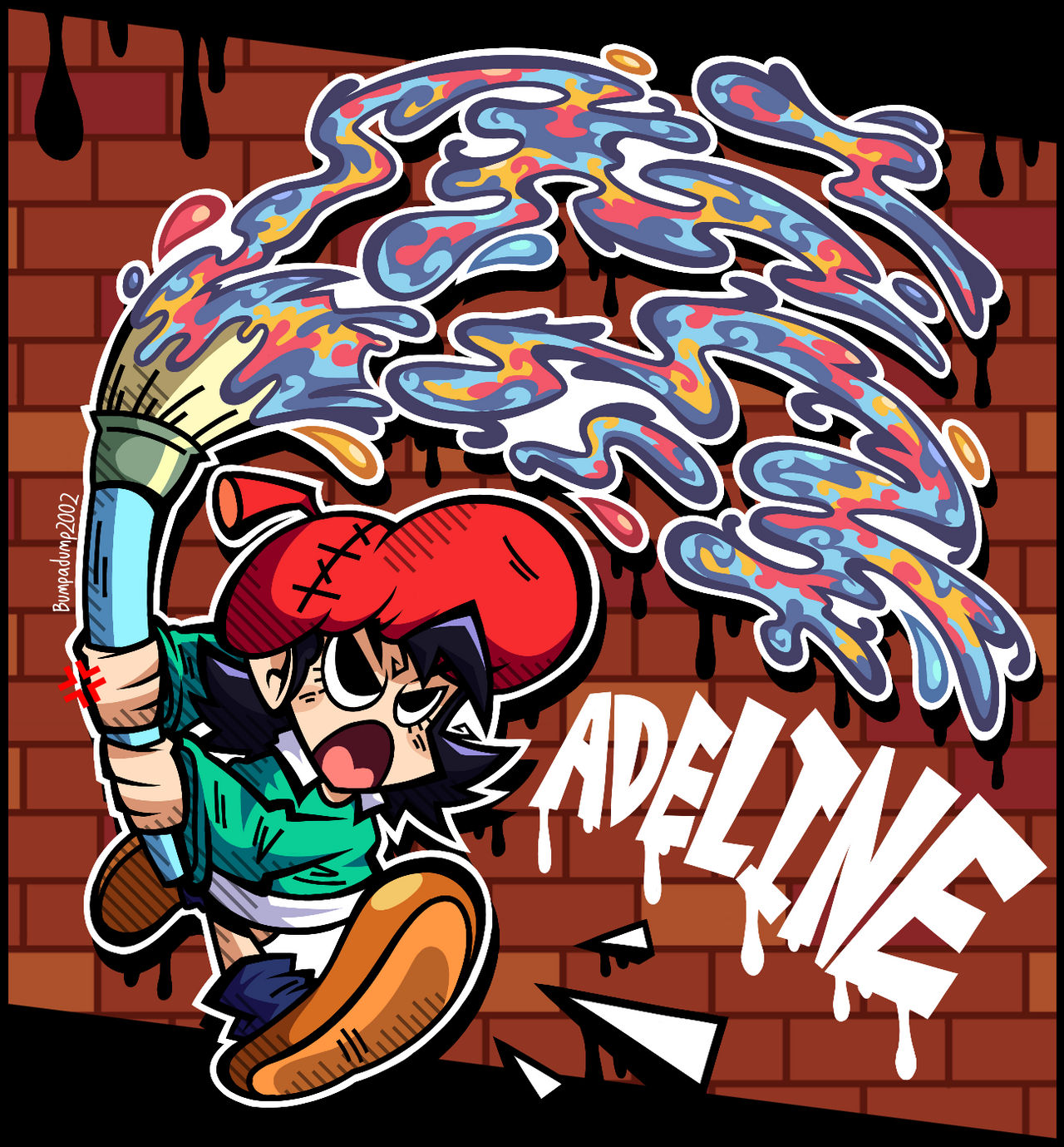 bumpadump2002, adeleine, kirby (series), kirby 64, nintendo, commentary, english commentary, highres, 1girl, anger vein, aqua shirt, artist name, beret, black hair, blue socks, brick wall, brown shoes, dripping, eyelashes, full body, hat, holding, holding paintbrush, long sleeves, medium hair, open mouth, outline, oversized object, paint, paintbrush, red hat, shirt, shoes, socks, solo, stitches, v-shaped eyebrows, v-shaped eyes, white outline