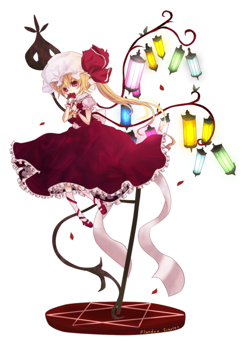 yumeto, flandre scarlet, touhou, bad id, bad pixiv id, 1girl, alternate wings, blonde hair, female focus, flower, hat, laevatein, lantern, red eyes, side ponytail, solo, wings