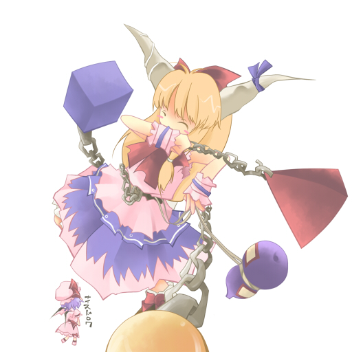 pinzorosan, ibuki suika, remilia scarlet, touhou, translated, 2girls, blonde hair, bow, closed eyes, female focus, hat, horns, long hair, mini person, minigirl, multiple girls, simple background, white background