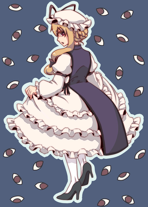 urita (vivivinicol), yakumo yukari, touhou, 1girl, blonde hair, female focus, hat, high heels, red eyes, shoes, short hair, skirt hold, solo