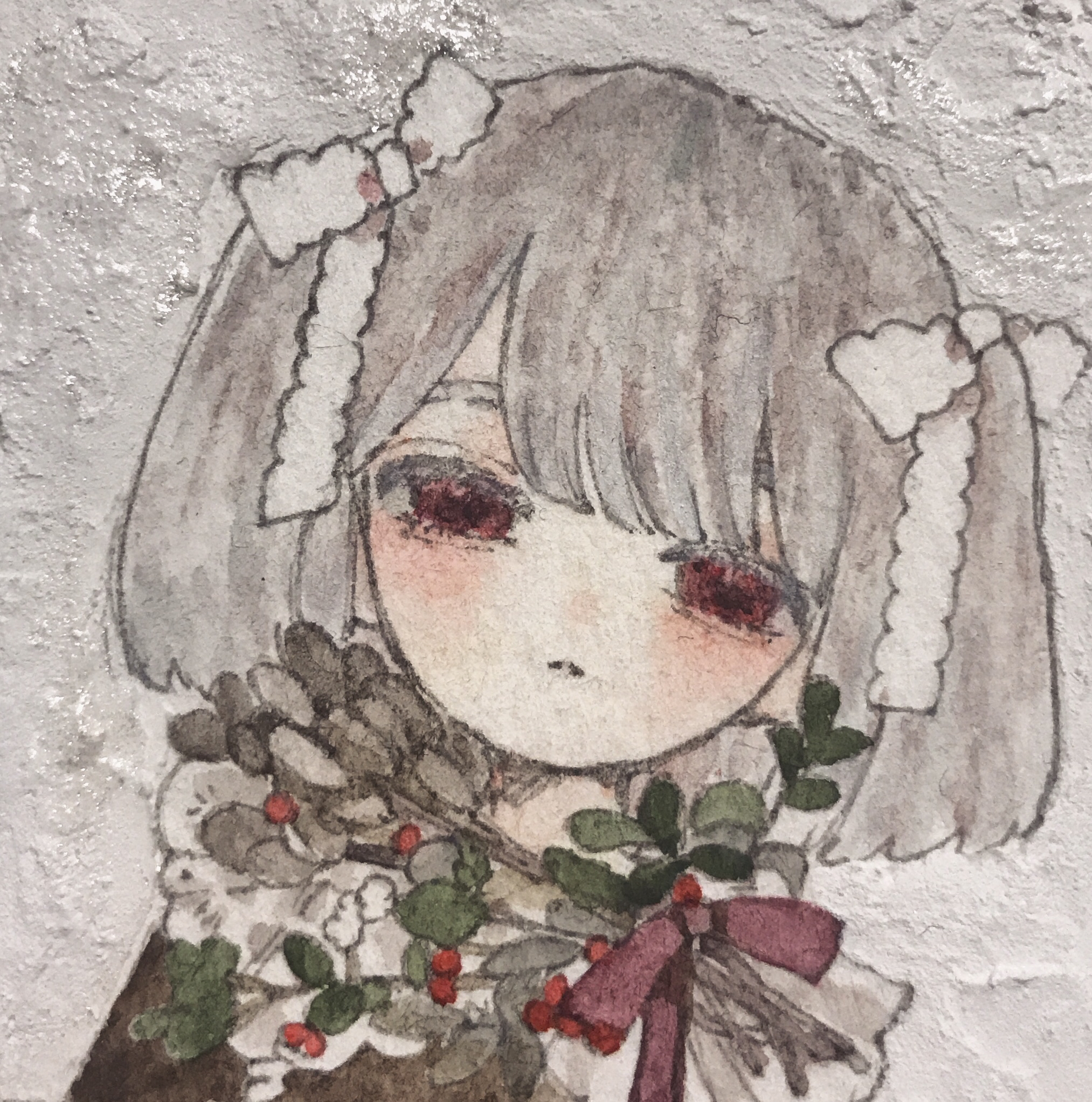 karintoun, original, commentary request, highres, painting (medium), traditional media, watercolor (medium), 1girl, blush, bow, brown hair, expressionless, flower, grey hair, hair bow, hair ribbon, lace, looking at viewer, parted lips, portrait, red eyes, ribbon, short hair, simple background, straight-on, swept bangs, white background