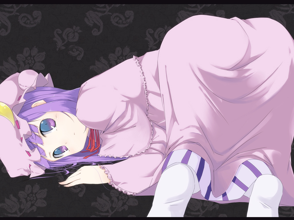 muranisaki, patchouli knowledge, touhou, bad id, bad pixiv id, 1girl, ass, female focus, hat, long hair, purple eyes, purple hair, solo, top-down bottom-up