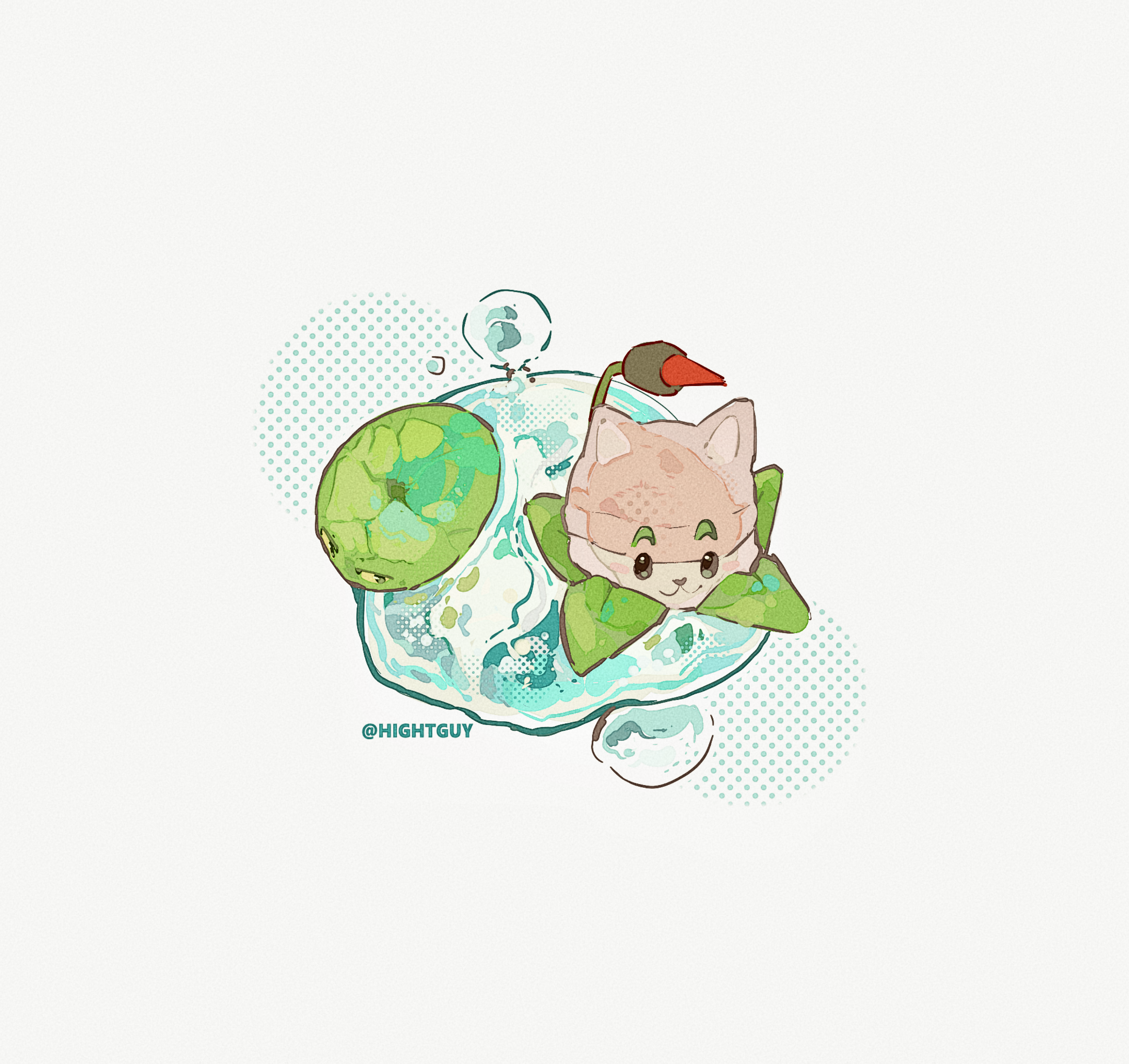 hightguy, cattail (plants vs. zombies), lily pad (plants vs. zombies), plants vs. zombies, commentary, highres, symbol-only commentary, :3, animal ears, artist name, black eyes, bubble, cat ears, cattail, closed mouth, colored sclera, film grain, from above, green eyes, grey background, halftone, halftone background, leaf, lily pad, looking at viewer, looking to the side, no humans, on water, plant, simple background, solid oval eyes, water, water drop, yellow sclera