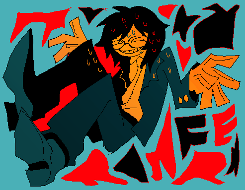 fuji den fujiko, randal ivory, randal's friends, commentary request, lowres, 1boy, black hair, black jacket, blue background, glasses, gloves, grin, jacket, jaggy lines, looking at viewer, male focus, short hair, smile, solo, sweat