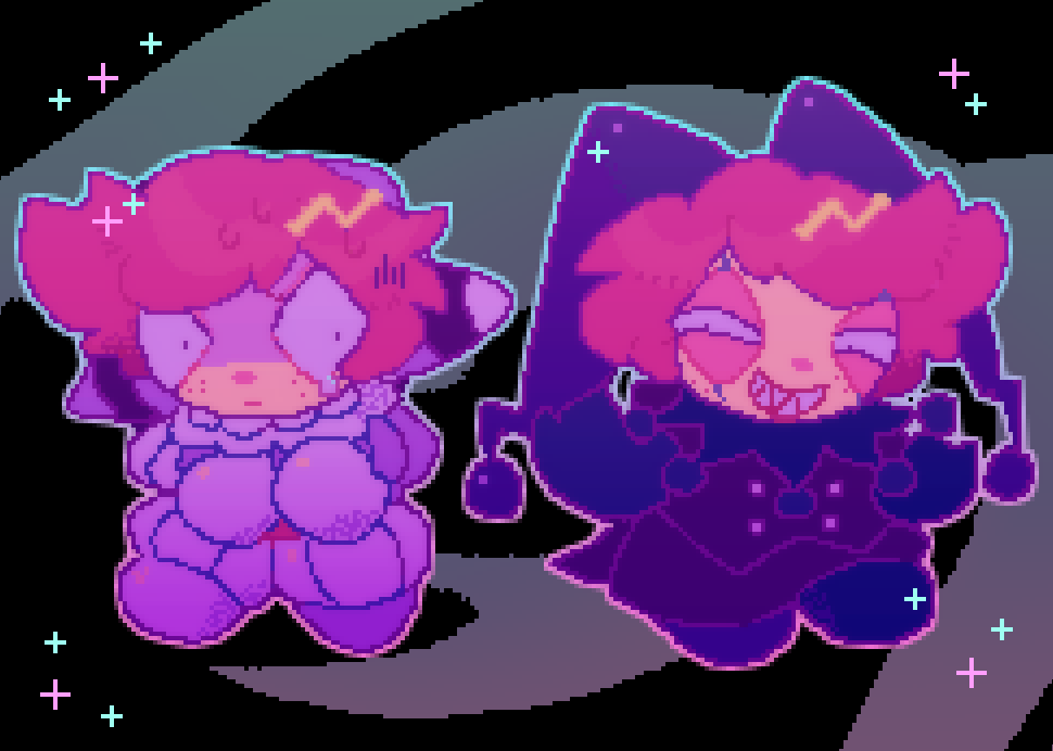 fuji den fujiko, sebastian de tomato smith chicken legs, randal's friends, commentary request, 2boys, aged up, black background, chibi, clown, dual persona, freckles, grin, hat, jester, jester cap, male focus, multiple boys, neck ruff, pink hair, pixel art, sharp teeth, short hair, smile, sparkle, teardrop, teeth