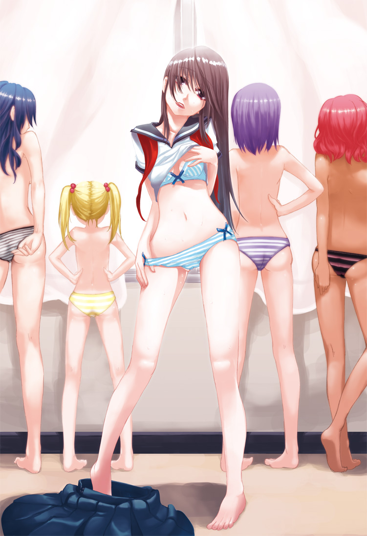 ask02, azuma sawayoshi, original, 5girls, adjusting clothes, adjusting panties, ass, back, barefoot, black hair, blonde hair, bra, brown eyes, brown hair, clothes lift, clothes pull, convenient arm, dark-skinned female, dark skin, feet, hair bobbles, hair ornament, hand on own hip, hands on own hips, legs, lingerie, lips, loli, lowleg, multiple girls, navel, panties, pantyshot, purple hair, red hair, school uniform, serafuku, shirt lift, skinny, skirt, skirt around ankles, skirt pull, soles, striped bra, striped clothes, topless female, twintails, underwear, underwear only, undressing