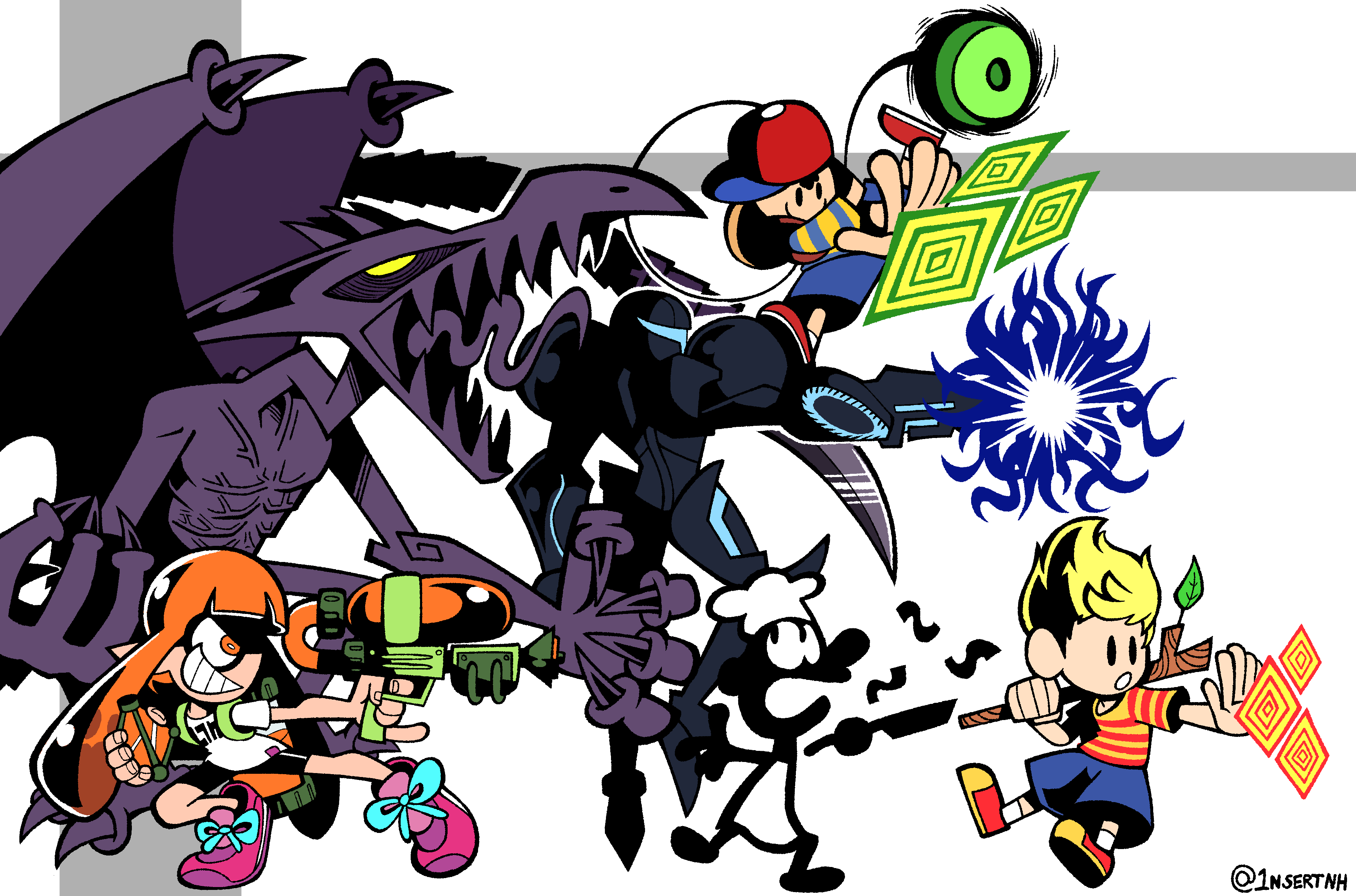1nsert-art-here, dark samus, inkling girl, inkling player character, lucas (mother 3), mr. game & watch, ness (mother 2), ridley, game & watch, metroid, mother (series), mother 2, mother 3, nintendo, splatoon (series), splatoon 1, super smash bros., absurdres, highres, aiming, arm cannon, baseball bat, blonde hair, chef hat, claws, colored sclera, frying pan, hat, holding, holding frying pan, holding stick, kaori (splatoon), open mouth, orange eyes, orange hair, pointy ears, sideways hat, splat bomb (splatoon), splattershot (splatoon), stick, super smash bros. logo, twitter username, weapon, white background, yellow sclera, yo-yo