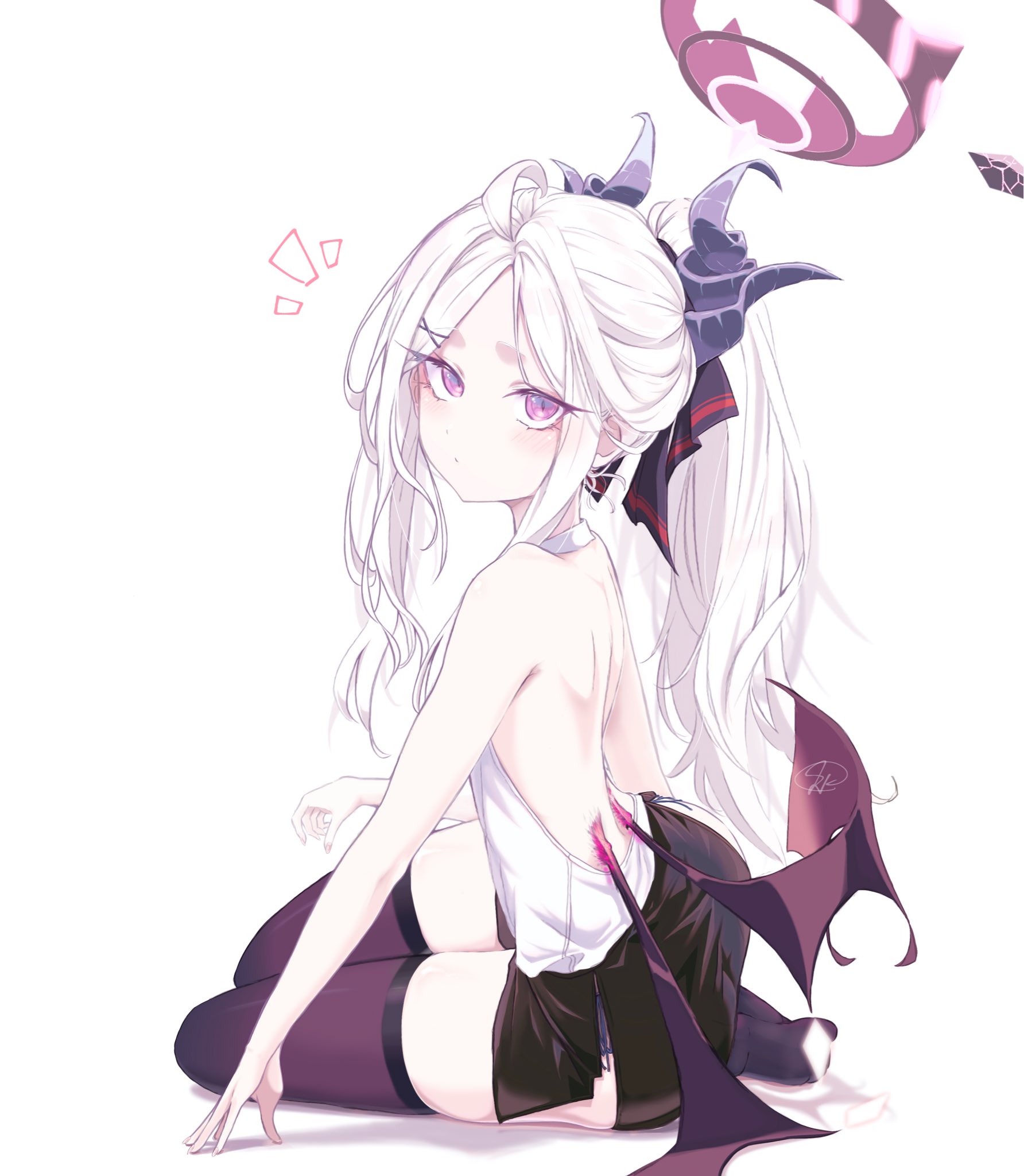 eevee chan, hina (blue archive), blue archive, highres, 1girl, ahoge, ass, black halo, black skirt, black thighhighs, breasts, demon girl, demon horns, demon wings, halo, horns, long hair, looking at viewer, low wings, ponytail, purple eyes, simple background, sitting, skirt, small breasts, solo, thighhighs, thighs, white background, white hair, wings