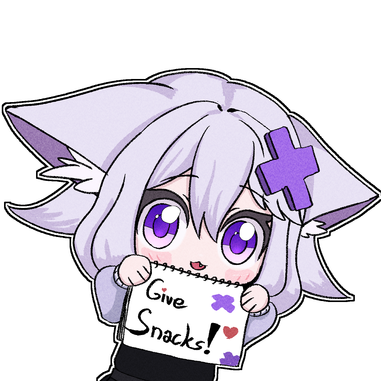 ocsnacker, filian (vtuber), mint (vrchat), indie virtual youtuber, highres, 1girl, :3, animal ear fluff, animal ears, blush, blush stickers, cat ears, cat girl, chibi, chibi only, english text, fang, hair between eyes, hair ornament, heart, holding, holding notepad, long sleeves, notepad, open mouth, outline, purple eyes, purple pupils, smile, solo, transparent background, upper body, virtual youtuber, white hair, white outline, x hair ornament