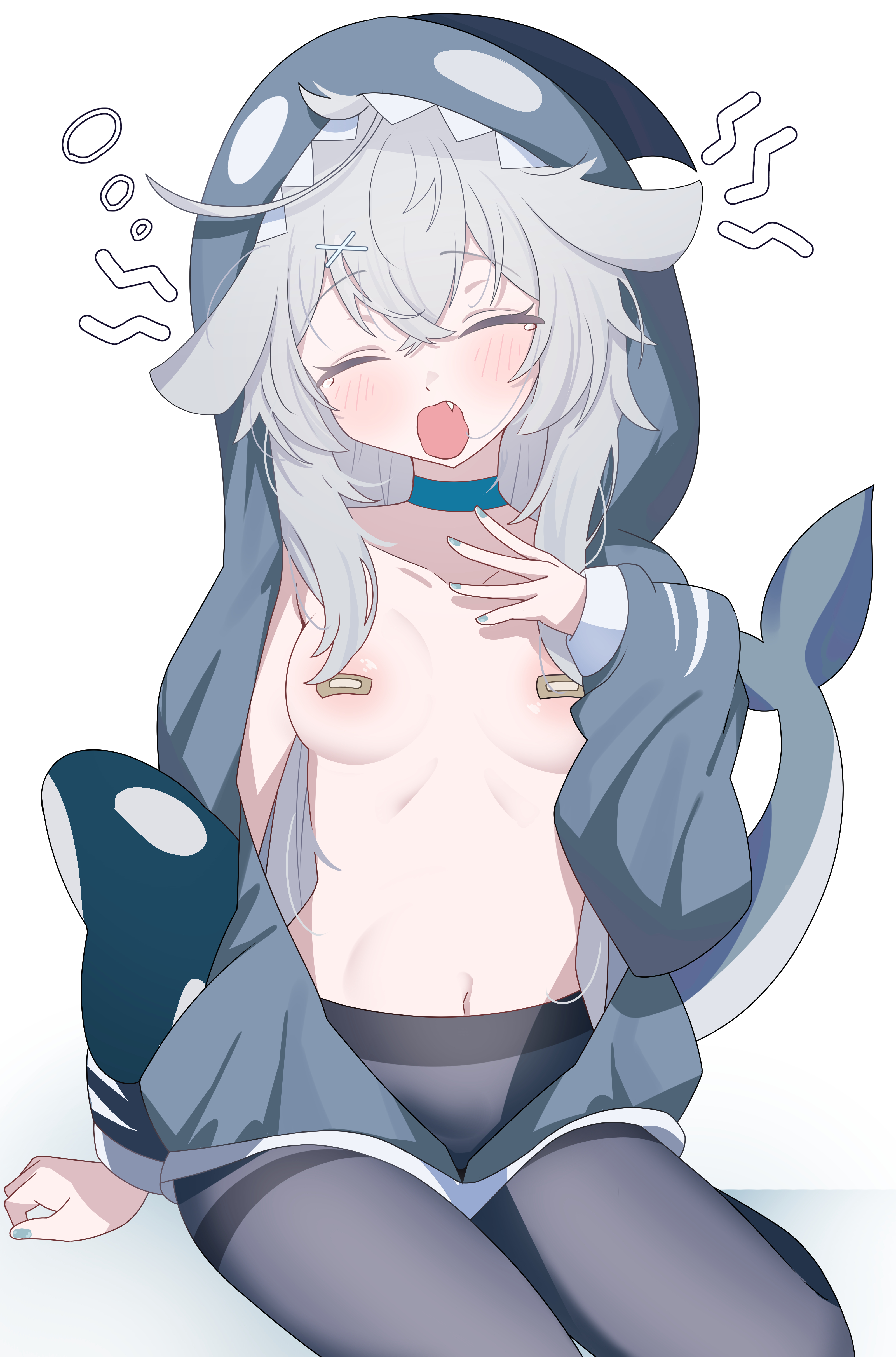 kanimiso30601, original, absurdres, commentary, highres, 1girl, animal ears, animal hood, bandaid, bandaids on nipples, blue choker, blush, breasts, choker, closed eyes, collarbone, facing viewer, fang, fins, fish tail, grey hair, grey jacket, grey nails, grey pantyhose, hair between eyes, hair ornament, hand up, hood, hood up, hooded jacket, jacket, long hair, long sleeves, medium breasts, nail polish, navel, open mouth, pantyhose, pasties, puffy long sleeves, puffy sleeves, shark hood, shark tail, simple background, sitting, sleeves past wrists, solo, tail, thighband pantyhose, very long hair, white background, x hair ornament, yawning