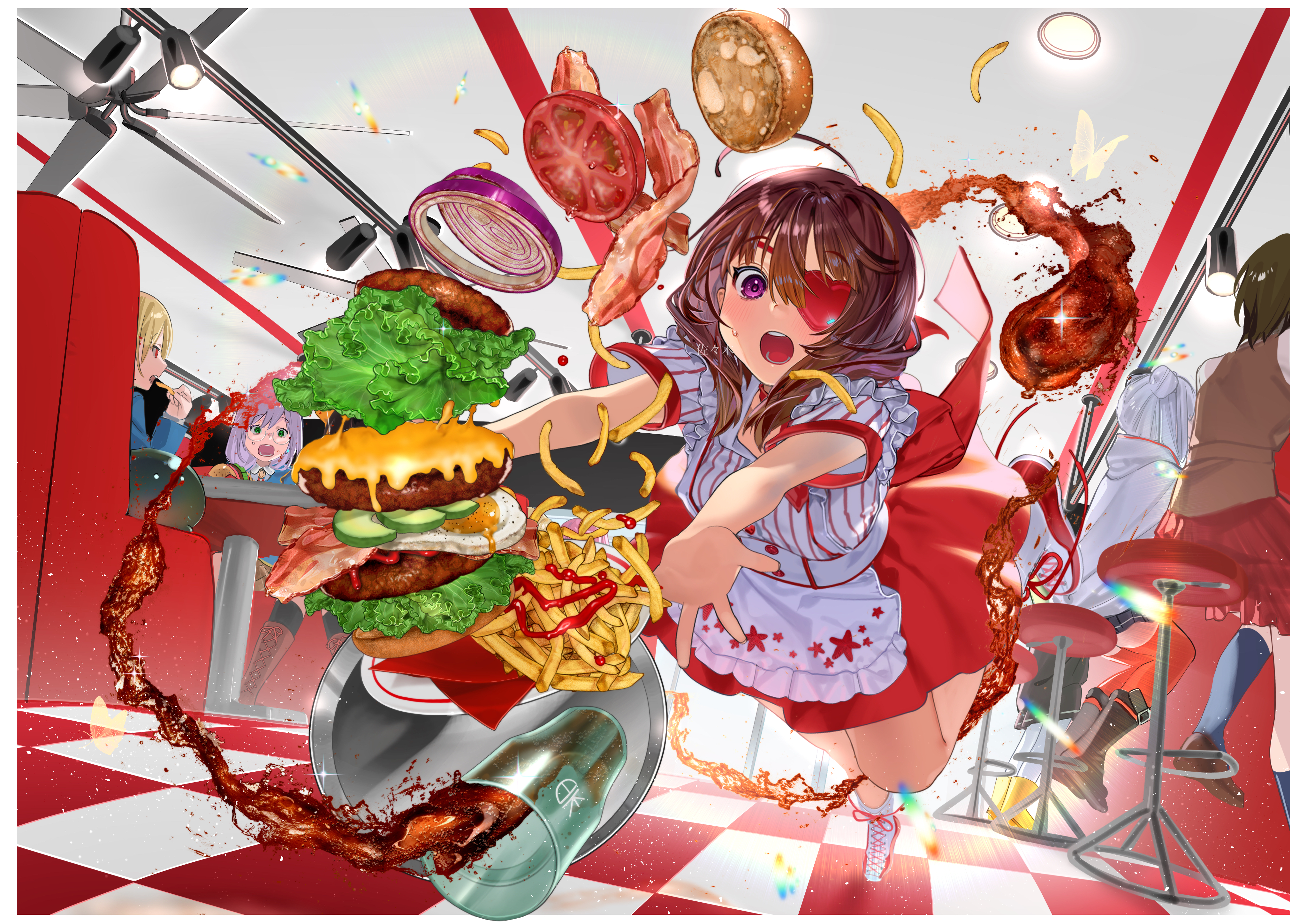 aoi erika, asakura karen (heaven burns red), bungo yayoi, hiiragi kozue, izumi yuki (heaven burns red), kayamori ruka, yamawaki bon ivar, heaven burns red, absurdres, commentary request, highres, 6+girls, :o, accident, apron, artist name, black boots, black hair, black skirt, blonde hair, blush, boots, border, brown boots, burger, cheese, clumsy, cola, eyepatch, falling, food, foreshortening, french fries, frilled apron, frills, full body, glass, glasses, glint, green eyes, grey hair, hair between eyes, heart, heart eyepatch, hitodama, indoors, kneehighs, lace-up boots, long hair, looking at another, looking at food, medium hair, miniskirt, misonikomi ss, multiple girls, narby (heaven burns red), on stool, one eye covered, open mouth, outstretched arms, outstretched hand, pleated skirt, print apron, purple eyes, red eyes, red skirt, red thighhighs, restaurant, salad, shirt, short hair, short sleeves, sitting, skirt, socks, solo focus, standing, standing on one leg, star (symbol), star print, stool, striped clothes, striped shirt, sweatdrop, teeth, thighhighs, tomato, tomato slice, tray, vertical-striped clothes, vertical-striped shirt, waitress, watermark, white apron, white boots, white border, white shirt, zettai ryouiki