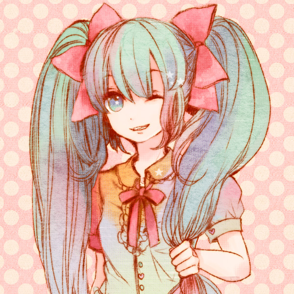 tomoya (artist), hatsune miku, vocaloid, bad id, bad pixiv id, 1girl, aqua eyes, aqua hair, female focus, hair ribbon, long hair, ribbon, smile, solo, star (symbol), twintails, wink