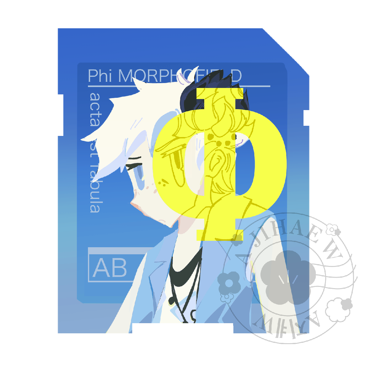 abigail warwick, phi (kyokugen dasshutsu), kyokugen dasshutsu, kyokugen dasshutsu adv: zennin shibou desu, commentary, english commentary, highres, blue eyes, blue jacket, character name, eyelashes, jacket, jewelry, necklace, open clothes, open jacket, sd card, shirt, short hair, simple background, sleeveless, sleeveless jacket, sleeveless shirt, solo, very short hair, watermark, white background, white hair, white shirt