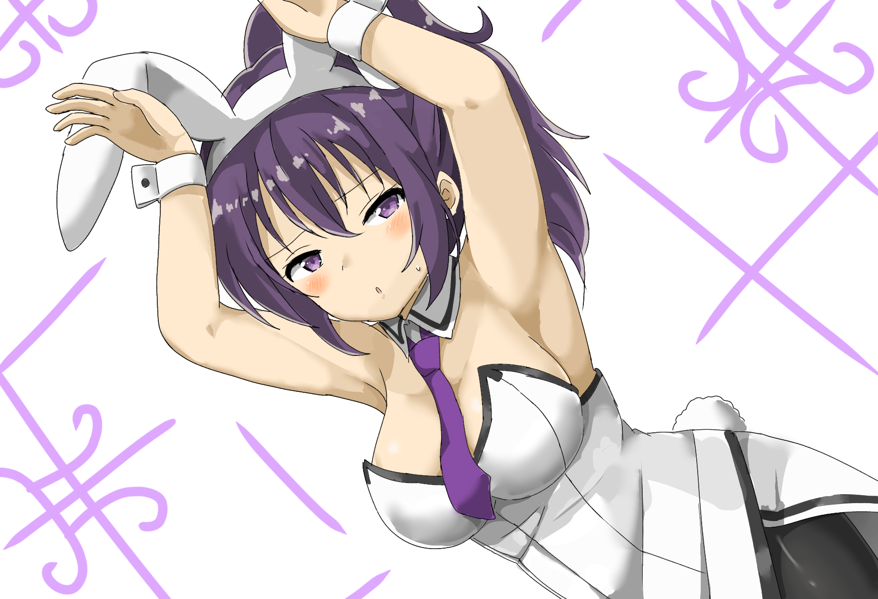 marihei64ds, tedeza rize, gochuumon wa usagi desu ka?, highres, 1girl, animal ears, leotard, necktie, playboy bunny, ponytail, purple eyes, purple hair, purple necktie, rabbit ears, rabbit tail, tail, white leotard, wrist cuffs