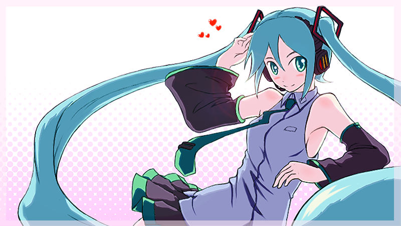kotoa, hatsune miku, vocaloid, bad id, bad pixiv id, 00s, 1girl, aqua eyes, aqua hair, armpits, bare shoulders, blush, female focus, heart, long hair, looking at viewer, matching hair/eyes, smile, solo, twintails, very long hair