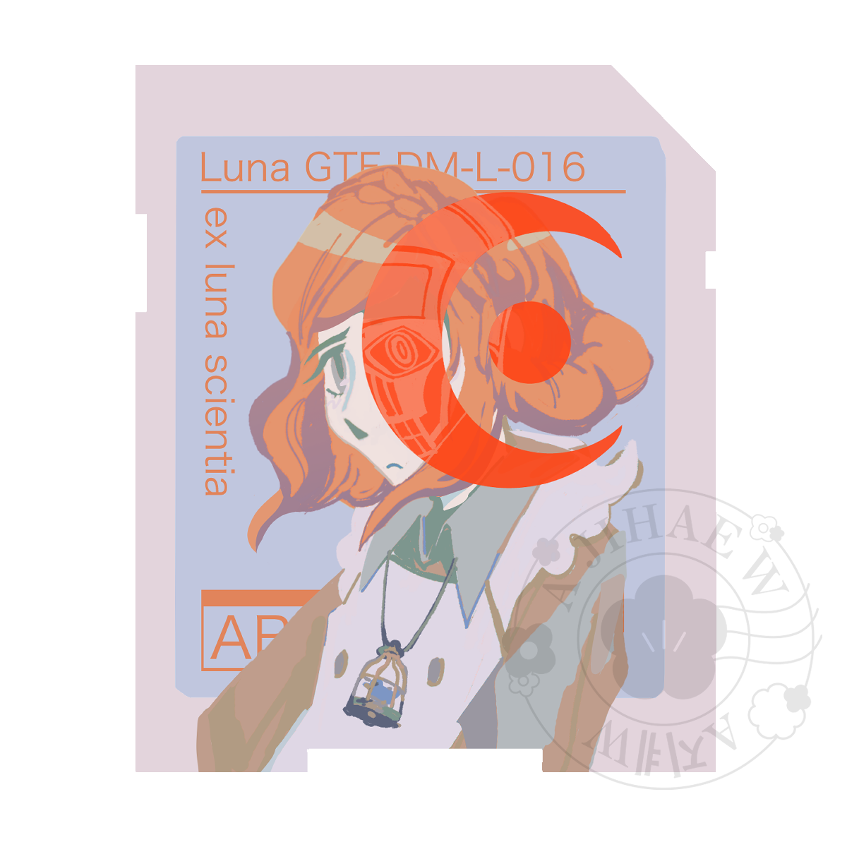 abigail warwick, luna (kyokugen dasshutsu), kyokugen dasshutsu, kyokugen dasshutsu adv: zennin shibou desu, commentary, english commentary, highres, spoilers, character name, closed mouth, collared shirt, eyelashes, frown, jewelry, medium hair, necklace, orange hair, sd card, shirt, simple background, solo, vest, white background, white vest