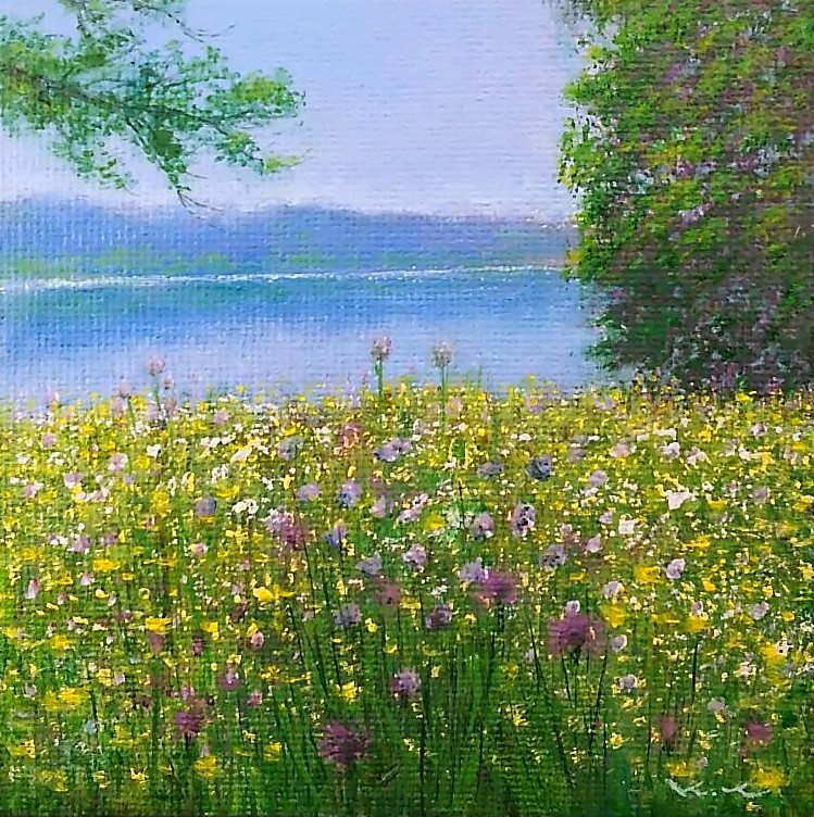 keisirou, original, acrylic paint (medium), commentary request, painting (medium), traditional media, dated commentary, day, field, flower, flower field, lake, landscape, no humans, outdoors, scenery, tree