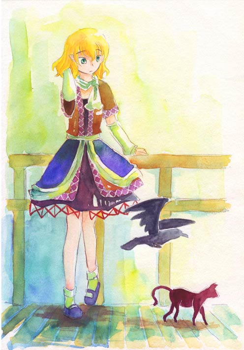 shiroaisa, kaenbyou rin, kaenbyou rin (cat), mizuhashi parsee, reiuji utsuho, reiuji utsuho (bird), touhou, painting (medium), traditional media, watercolor (medium), 1girl, arm warmers, bird, blonde hair, crow, female focus, gradient background, green eyes, pointy ears, solo