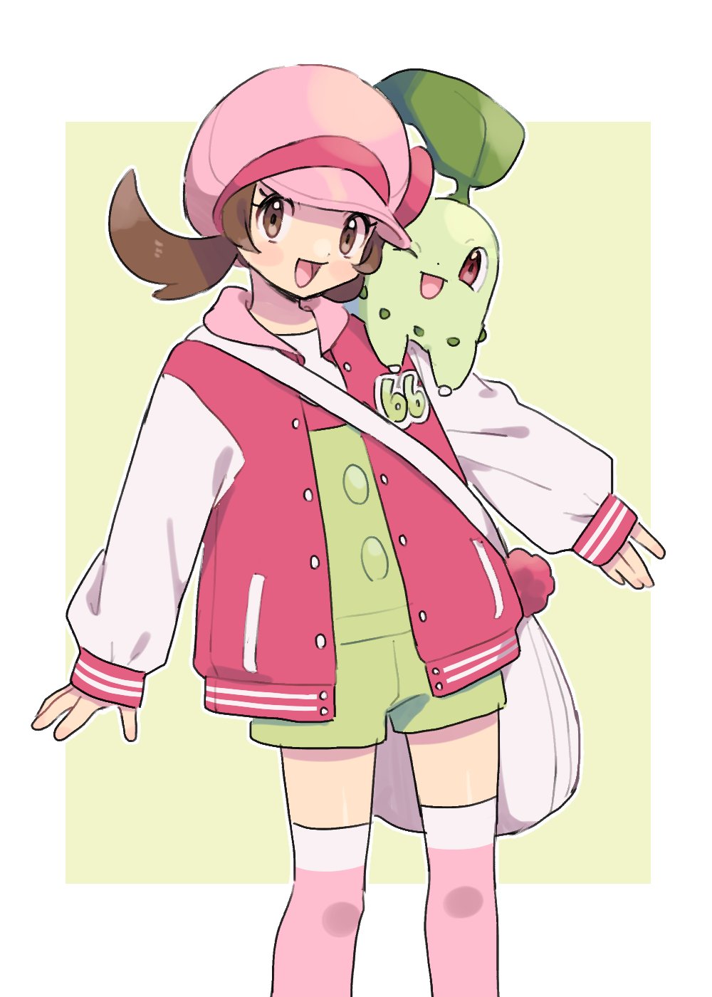 pumpkinpan, chikorita, lyra (pokemon), nintendo, pokemon, pokemon hgss, pokemon masters ex, highres, 1girl, :d, alternate costume, bag, brown eyes, brown hair, gen 2 pokemon, green overalls, hat, jacket, long sleeves, looking at viewer, official alternate color, on shoulder, open clothes, open jacket, open mouth, overalls, pink hat, pink thighhighs, pokemon (creature), pokemon on shoulder, shoulder bag, sleeves past wrists, smile, thighhighs, twintails, white bag
