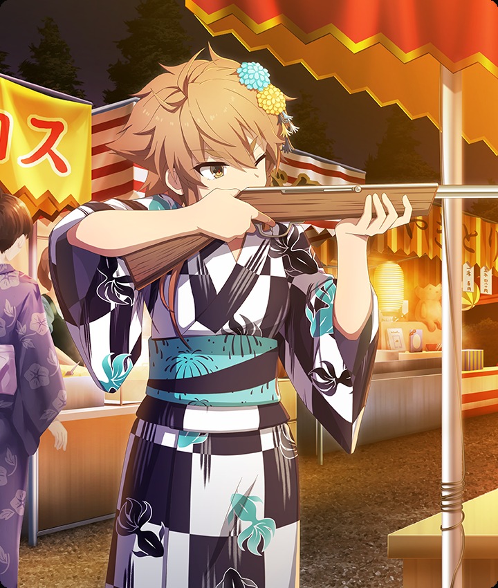 shidou maki (toji no miko), toji no miko, toji no miko: kizamishi issen no tomoshibi, game cg, official art, third-party source, 3girls, aiming, black kimono, black sky, blue flower, brown eyes, brown hair, checkered clothes, checkered kimono, cork gun, dot nose, floral print, floral print kimono, flower, food stand, green sash, gun, hair flower, hair ornament, holding, holding gun, holding weapon, japanese clothes, kimono, multiple girls, night, obi, obu, one eye closed, outdoors, print kimono, print sash, purple kimono, red pupils, rifle, sash, sky, solo focus, stuffed animal, stuffed toy, summer festival, teddy bear, tree, weapon, white kimono, yellow flower, yukata