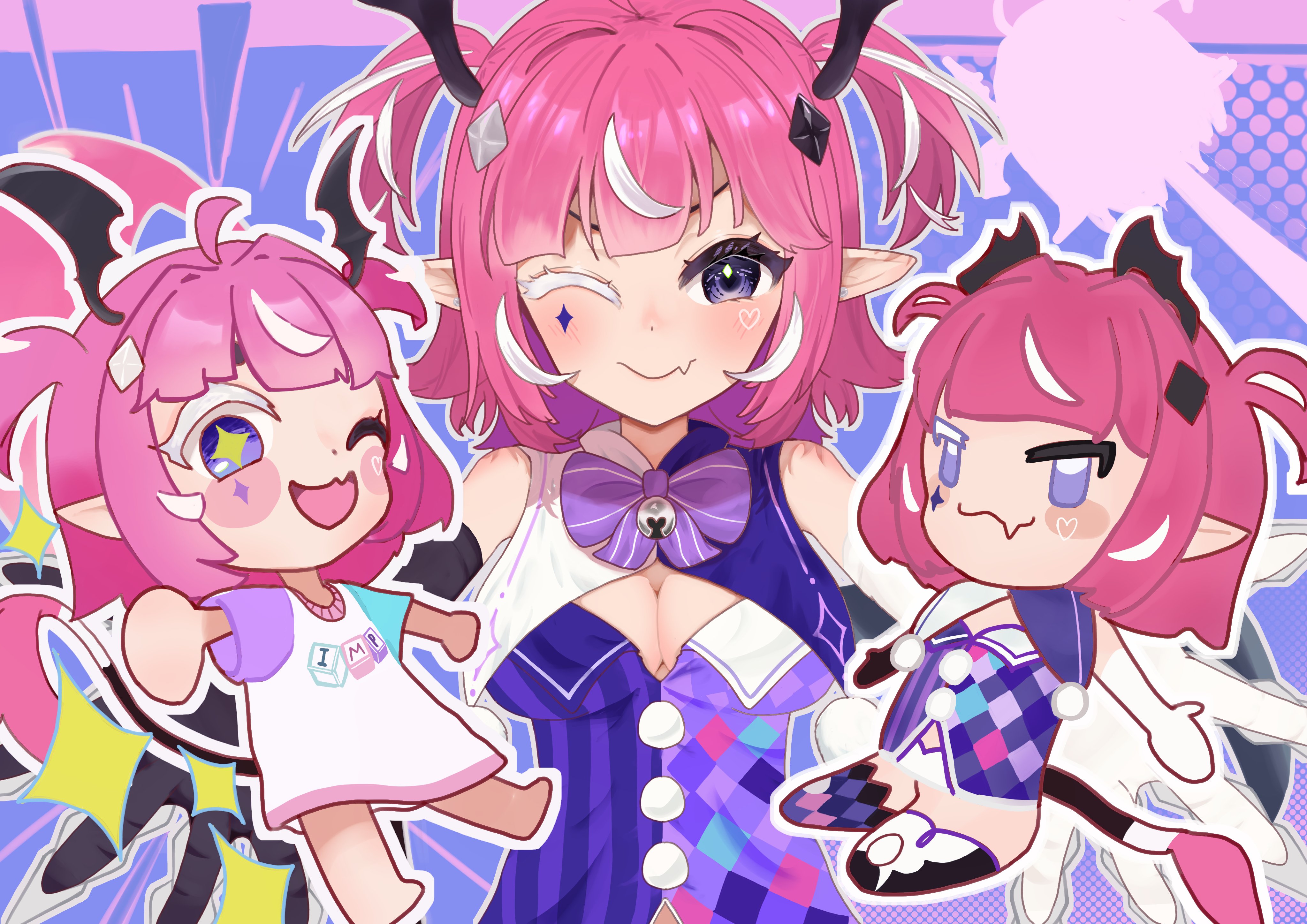 satoti chang, camila (cami 2.0) (vtuber), camila (vtuber), indie virtual youtuber, absurdres, commentary, english commentary, highres, + +, 2girls, asymmetrical gloves, bell, bell bow, blush, blush stickers, bow, breasts, character doll, chibi, chibi inset, cleavage, closed eyes, closed mouth, clothes writing, colored eyelashes, diamond facial mark, diamond hair ornament, doll, dual persona, elbow gloves, facial mark, fang, gloves, head wings, heart, heart facial mark, medium hair, mismatched eyelashes, mismatched gloves, multicolored hair, multiple girls, neck bell, official alternate costume, one eye closed, open mouth, outline, pink hair, pointy ears, pom pom (clothes), purple bow, purple eyes, shirt, skin fang, smile, split-color clothes, streaked hair, stuffed toy, tail, two-tone hair, two side up, virtual youtuber, white hair, white outline, white shirt, wings