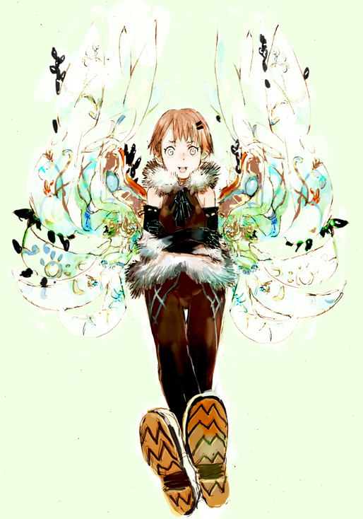 humi, toi8, fur, 1girl, bare shoulders, boots, brown hair, coat, elbow gloves, female focus, fur coat, gloves, hair ornament, hairpin, short hair, sketch, sleeveless, solo, thighhighs, wings