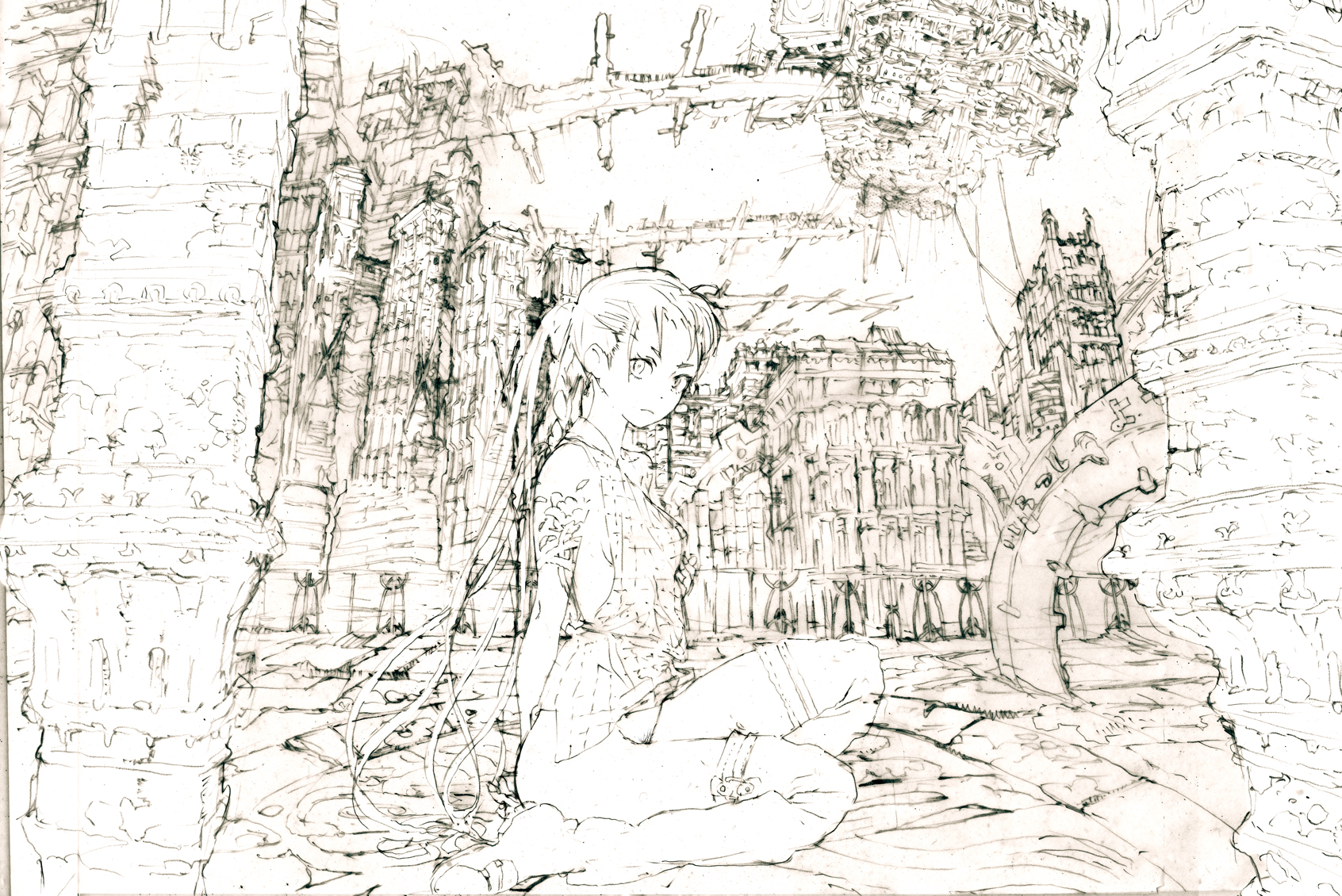 humi, toi8, original, highres, traditional media, 1girl, apron, bottomless, braid, building, city, cityscape, female focus, female pubic hair, kneehighs, long hair, monochrome, naked apron, no panties, pillar, pubic hair, ruins, socks, solo, thighhighs, twintails