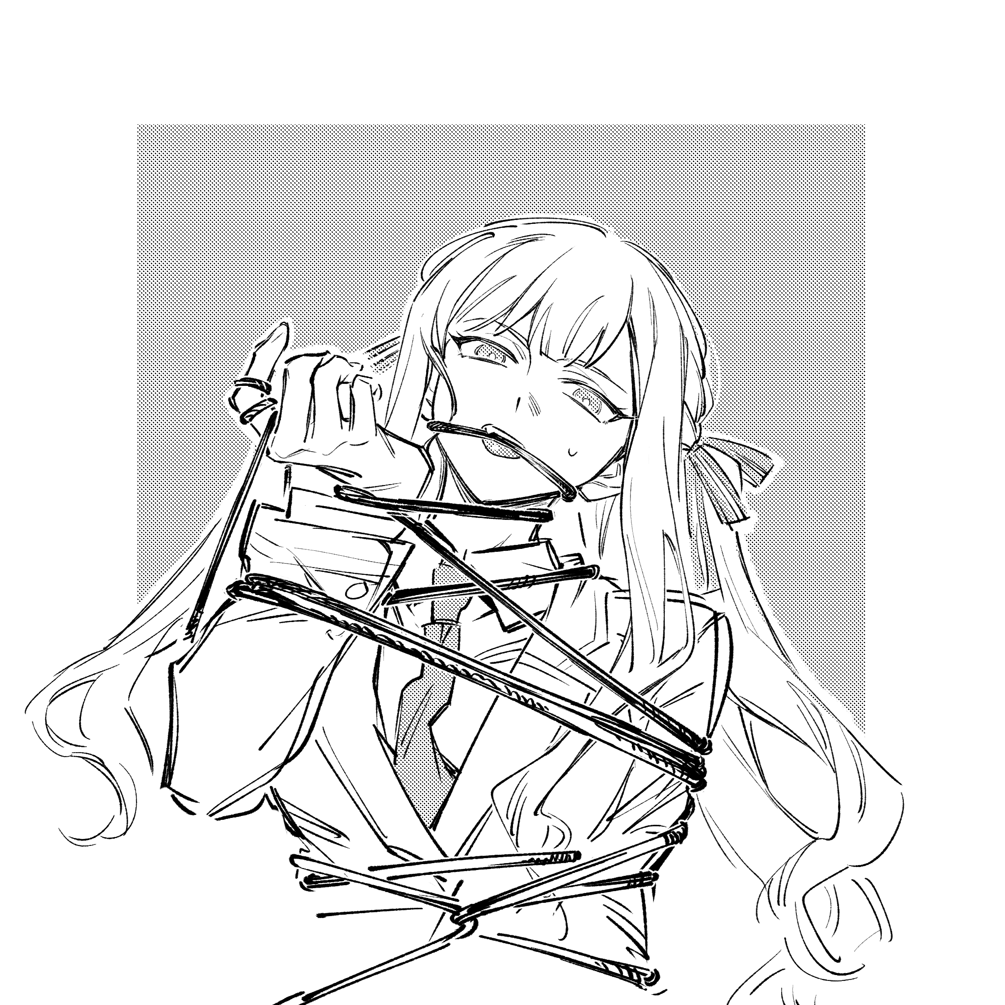 nideaneng, togawa sakiko, bang dream!, bang dream! it's mygo!!!!!, highres, 1girl, blazer, bound, collared shirt, hair ribbon, haneoka school uniform, jacket, long hair, looking at viewer, necktie, ribbon, school uniform, shirt, solo, sweat, tied up (nonsexual), two side up, upper body